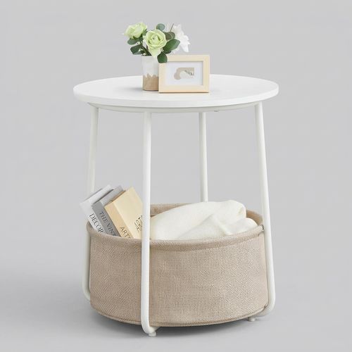 VASAGLE LILEA round side table with fabric basket in matte white
