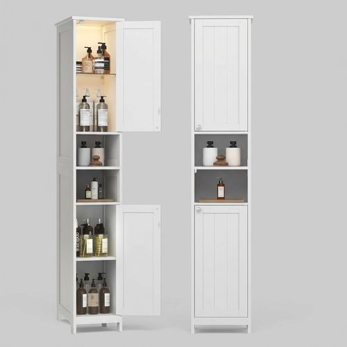 VASAGLE tall slim storage cabinet with LED lights in cloud white