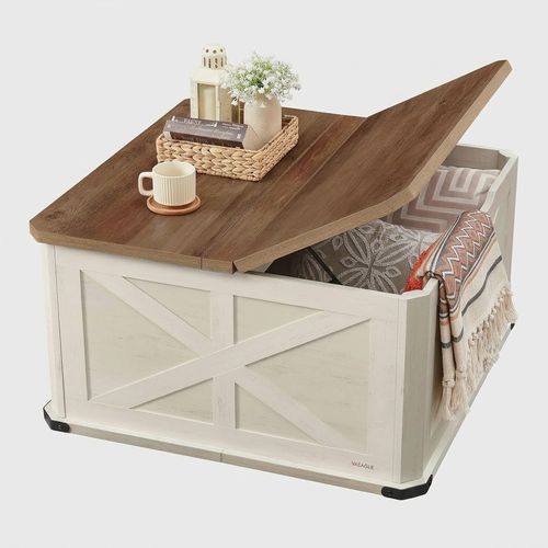 VASAGLE LIRY farmhouse coffee table with flip-top lids and hidden storage