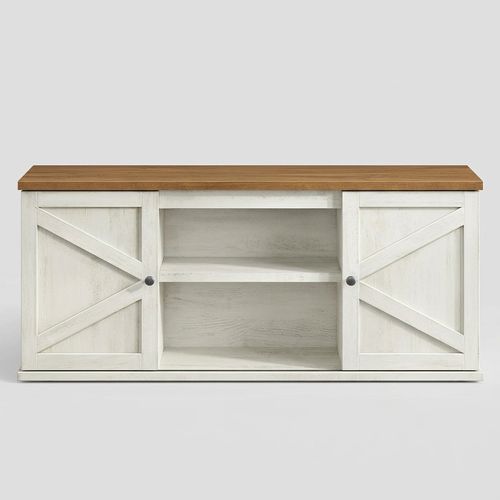 VASAGLE farmhouse TV stand with sliding barn doors in rustic white