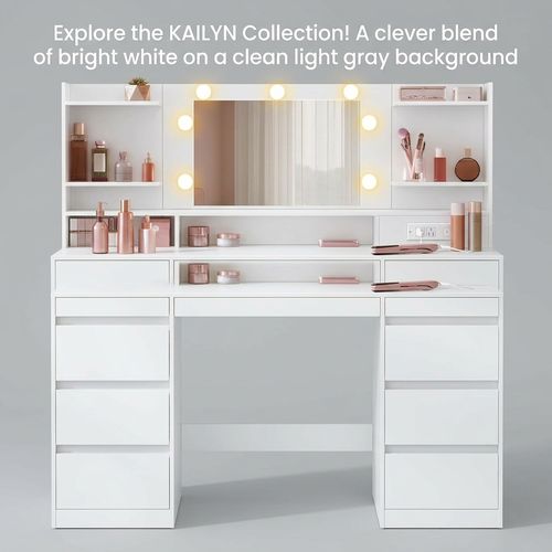 VASAGLE Kailyn vanity desk with LED mirror and 9 drawers in cloud white