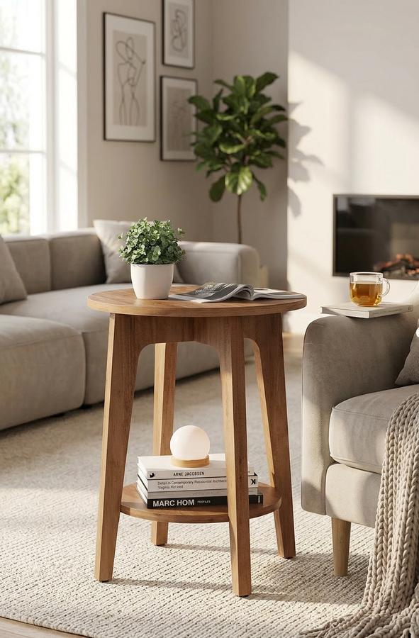 VASAGLE MAEZO round side table placed in a warm living room setting