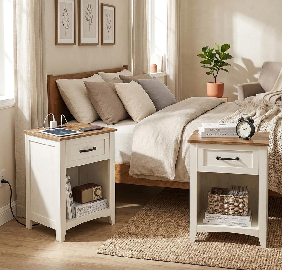 VASAGLE LIRY nightstands with charging station beside a bed