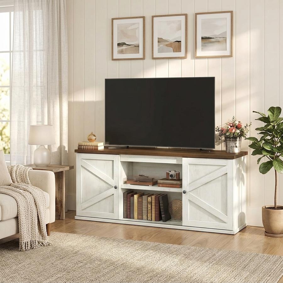 VASAGLE farmhouse TV stand with barn doors in a living room