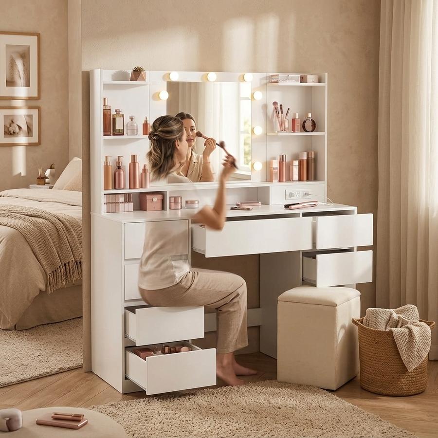 VASAGLE Kailyn vanity desk with mirror in a bright bedroom